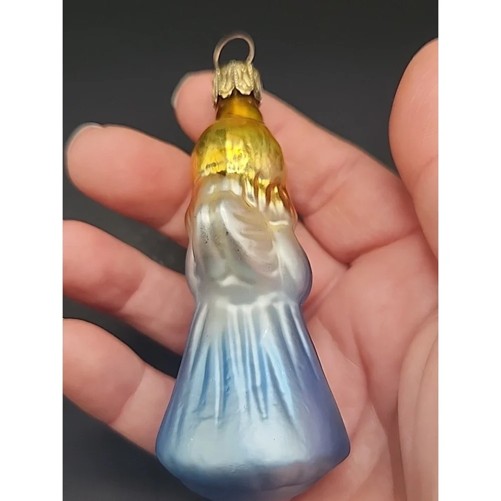 Vintage Blown Glass German Christmas Ornamemt Little Angel In Blue Silver & Gold